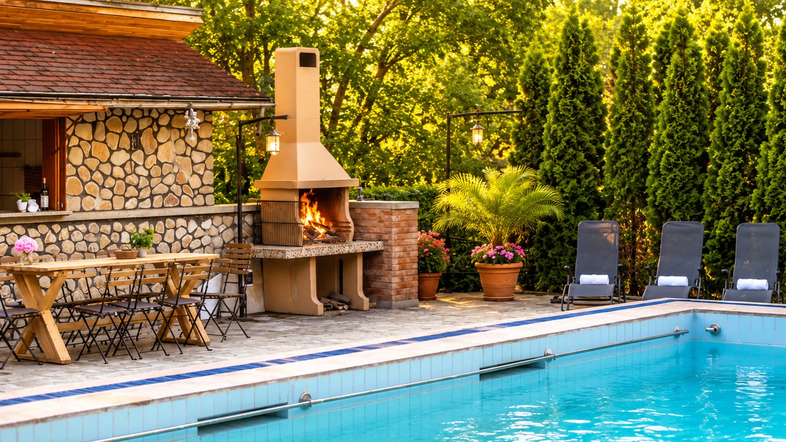 Semineu din exterior din piatră, lângă piscina vilei Casa Rodica Breaza, la ora de aur